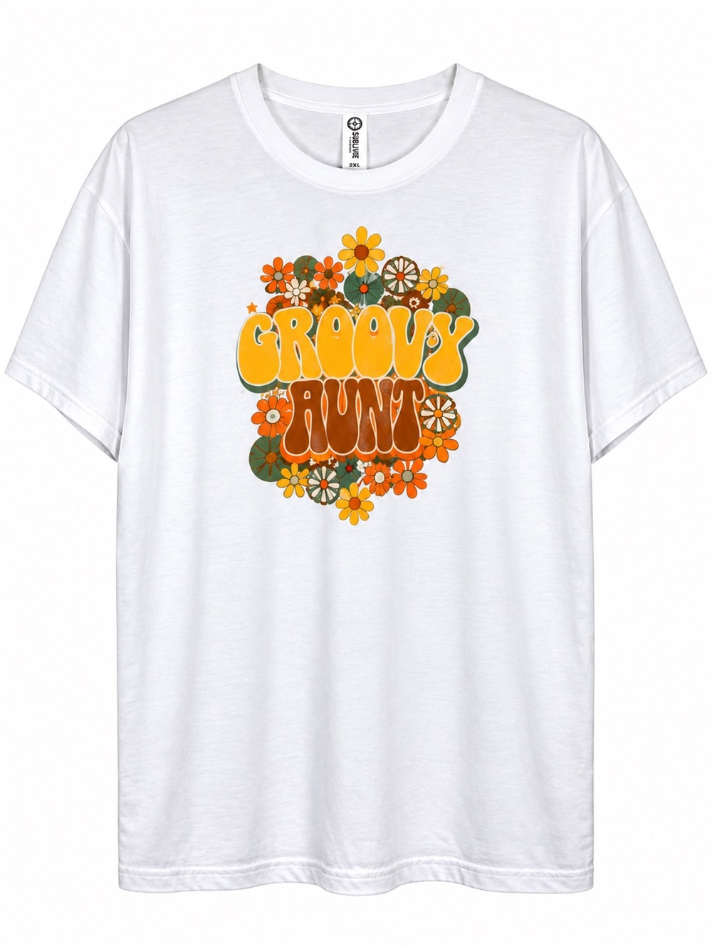 Sublivie Groovy Aunt White Graphic T-Shirt Retro Floral 2XL Tee